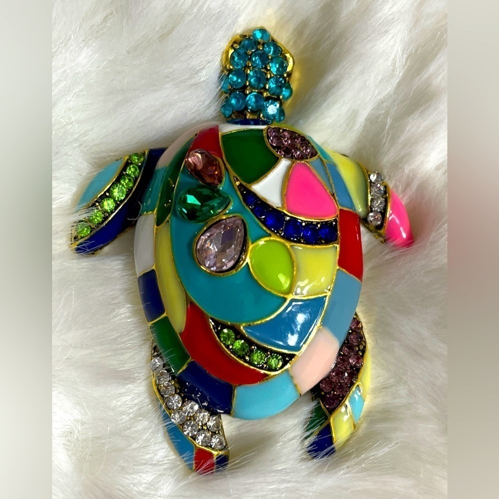 🐢 PATCHWORK SEA TURTLE BROOCH Multicolor Stones Acrylic Art to Wear Stunning